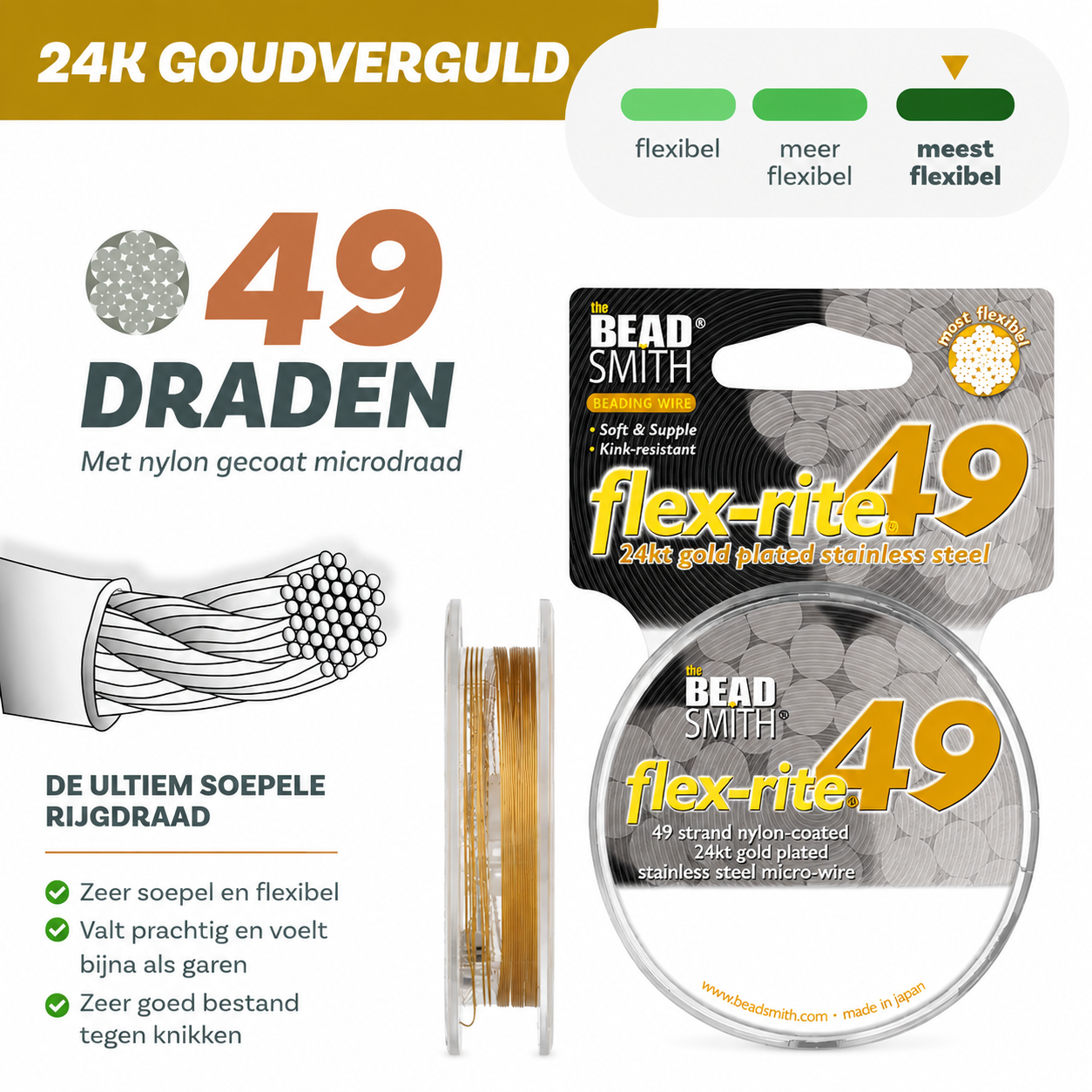 Rijgdraad 49-draads verguld — infographic met eigenschappen